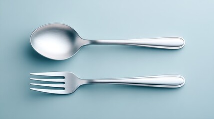 A minimalist close-up of a spoon and fork on a soft blue background, perfect for food blogs, restaurant menus, or culinary articles emphasizing dining elegance and simplicity,