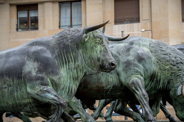 San Fermin sculpture featuring bronze bulls in Pamplona, Navarra captures the spirit of the festival