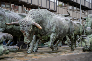 Sculpture of San Fermin bull run in Pamplona, Navarra, Spain showcasing intricate details and...
