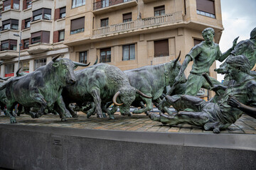 San Fermin Sculpture in Pamplona showcases the running of the bulls tradition in Navarra, Spain