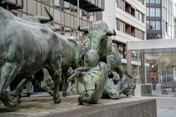 San Fermin sculpture in Pamplona, Navarra, Spain captures the essence of the historic festival in a...