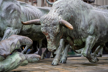 San Fermin sculpture in Pamplona captures the essence of the traditional festival and bull runs in...