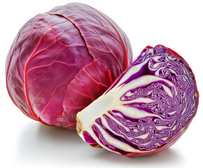 Obraz premium A vibrant red cabbage, whole and sliced, displaying its intricate internal structure against a clean white background.