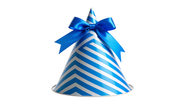 Colorful striped party hat with blue ribbon bow for festive celebrations and joyful occasions isolated on solid white background in Png