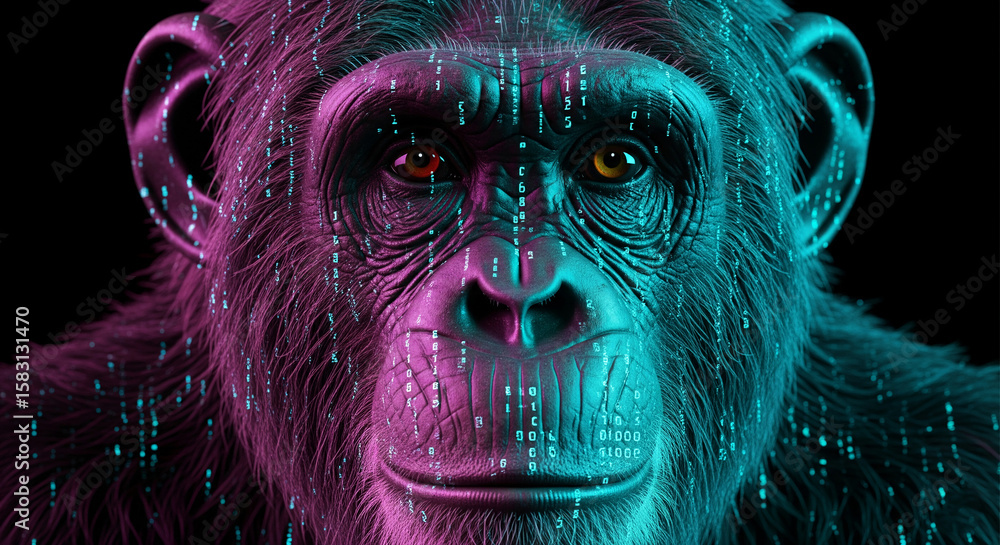 Poster close-up of chimpanzee face, illuminated with cyan and magenta digital code overlay, showcasing prim
