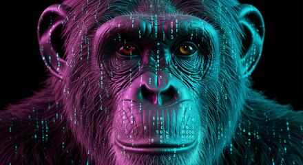 Close-up of chimpanzee face, illuminated with cyan and magenta digital code overlay, showcasing  primate features and technological integration, representing AI or digital evolution
