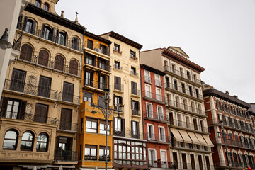 Historic architecture in Pamplona, Navarra, showcasing colorful buildings and intricate designs...
