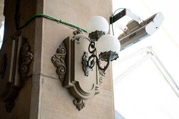 Decorative street lamp and architectural detail in Pamplona, Navarra during a clear day