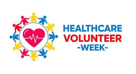 Healthcare Volunteer Week graphic with heart and people holding hands in a circle on white background