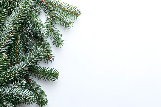 Close-up of fresh green fir branches with light dusting of snow on a white background, creating a festive winter border.