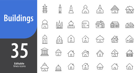 Buildings Line Icons, Skyscraper, House, Factory, Hospital, Office Tower, Editable Formats: AI, EPS, PNG, Ideal for Both Digital and Print Use
