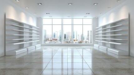 Empty white shelving units in a modern interior space.