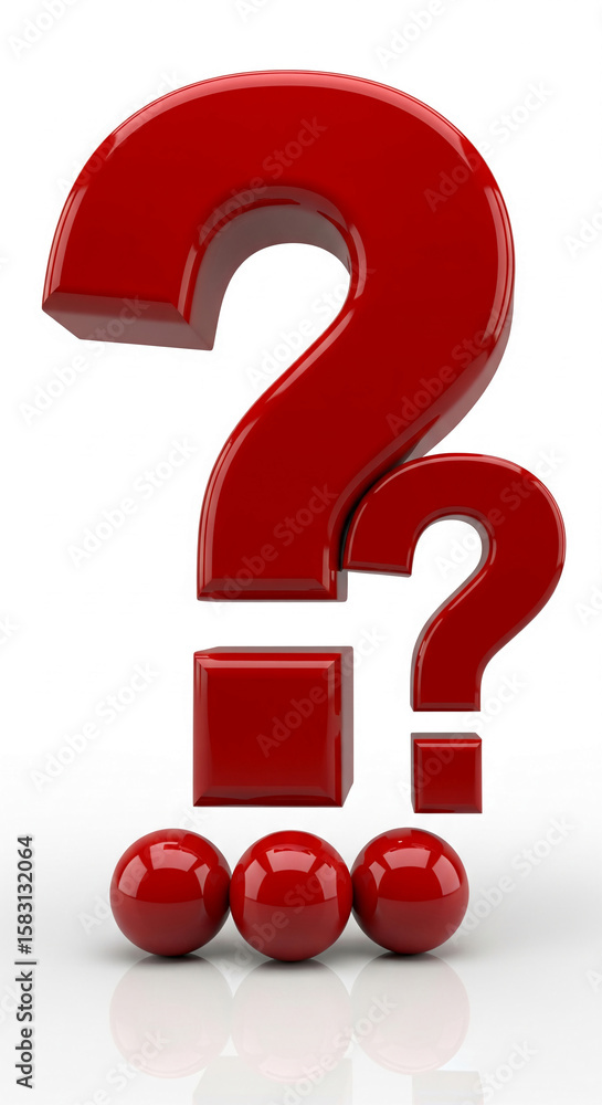 Aufkleber red glossy question marks of varying sizes and shapes, arranged with red cubes and spheres on white 