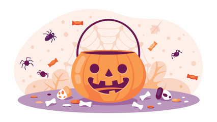 A halloween pumpkin bucket filled with candy and bones surrounded by spiders and candy pieces on ground