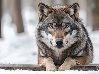 Fototapeta premium Majestic grey wolf rests on snowy wooden surface, intense gaze.