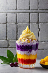 Traditional Filipino Halo-Halo — Colorful Layered Dessert with Crushed Ice, Sweet Fruits, Red Beans, Nata de Coco, Jelly Cubes, Ube Halaya, and Ice Cream in Tall Glass, Refreshing Summer Asian Treat