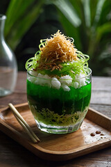 Traditional Southeast Asian Cendol — Vibrant Green Pandan Jelly Noodles in Sweet Coconut Milk with Palm Sugar Syrup (Gula Melaka), Iced Vegan Dessert from Indonesia and Malaysia, Refreshing Summer Tre