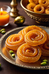 Traditional Indian Jalebi — Crispy Deep-Fried Swirls Soaked in Cardamom and Saffron Sugar Syrup, Glowing Orange Spiral Stack Garnished with Crushed Pistachios on Brass Plate, Authentic Indian Sweet