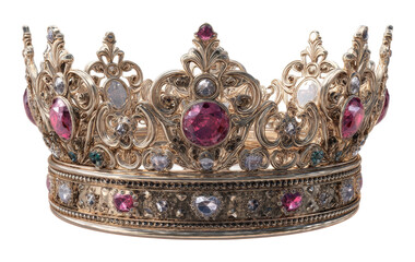 Regal crown display museum exhibit jewelry luxurious environment. Isolated on transparent background, png.