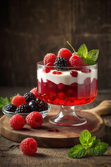 Rote Grütze – Traditional German Red Berry Jelly Dessert with Vanilla Cream or Ice Cream in Glass Bowl. Rustic Food Photography. Summer desserts. Easy recipes. Vegan jelly desserts