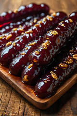 Authentic Traditional Georgian Churchkhela — Classic Handcrafted Walnut and Hazelnut Strings Dipped in Thickened Grape Juice Syrup, Iconic Chewy Vegan Dessert from Georgian Cuisine, Vegan dessert