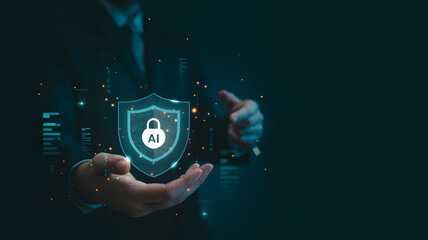 Man holding glowing A I security shield with data charts and particles artificial intelligence