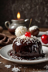 Kozacka Šapka, Traditional Croatian Sponge Cake with Chocolate Glaze and Coconut, decorated with cherry, Cossack Hat dessert. Unusual dessert recipe. Croatian culture. Croatian kitchen and food