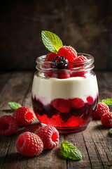 Rote Grütze – Traditional German Red Berry Jelly Dessert with Vanilla Cream or Ice Cream in Glass Bowl. Rustic Food Photography. Summer desserts. Easy recipes. Vegan jelly desserts