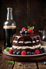 Chocolate Guinness Cake – Traditional Irish Dessert with Cream, Berry Mousse and Glossy Glaze on Rustic Table | Unusual World Sweets for Chocolate Cake Day