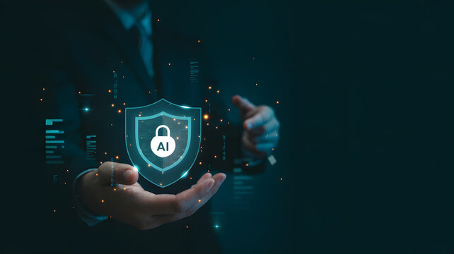 Man holding glowing A I security shield with data charts and particles artificial intelligence