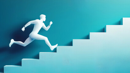 Abstract business concept showing a white silhouette of a man energetically running up a staircase on a turquoise gradient background, symbolizing progress and determination. Career path.