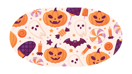 Oval halloween pattern with pumpkins ghosts candies and bat in a festive arrangement of autumn elements