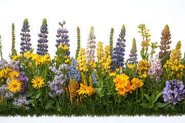 A vibrant, colorful array of wildflowers and green grass arranged in a horizontal border against a clean white background.