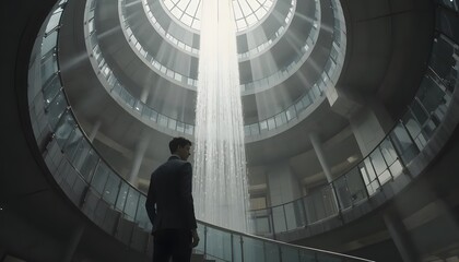 Modern architecture building interior design luxury office space with man in suit view