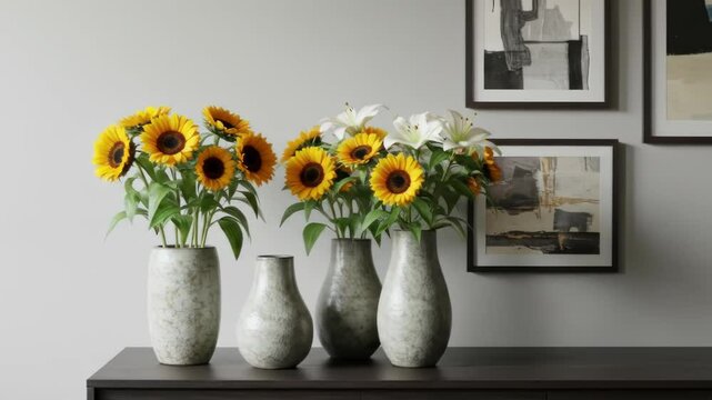 A tableau showcases three flower arrangements in textured vases. Sunflowers & lilies bloom, framed by abstract art pieces on a neutral wall above a dark surface