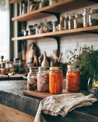Rustic kitchen with homemade pickles and preserved vegetables for culinary inspiration