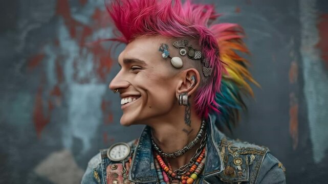 An illustration of a young man with a rainbow-coloured mohawk and bright pink hair