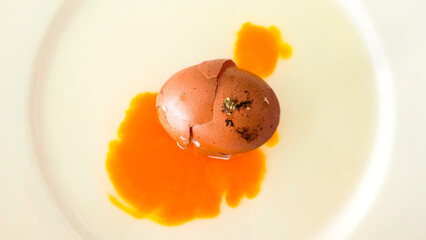 Cracked brown egg with yolk on white plate