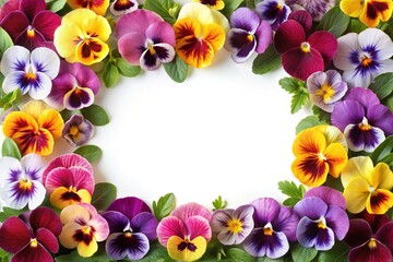A Colorful Collection of Pansy Flowers Framing a White Space Background Image