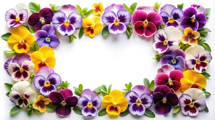 Floral Frame of Colorful Pansies and Green Leaves on a White Background