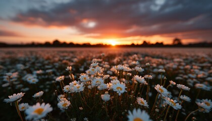 Field of daisies basking in the warm glow of a vibrant sunset, creating a serene and picturesque scene.