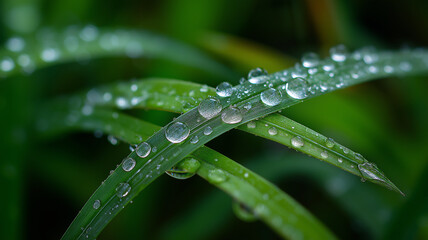 Naklejka premium Spring Grass Blades Tipped with Clear Dewdrops, Realistic Detail, No Blur, Natural Close-Up