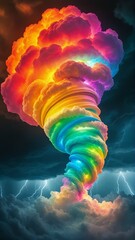 A surreal digital painting of a rainbow tornado made of glowing, fluffy clouds in vivid colors twisting into a dark stormy sky, with lightning on the horizon and a dramatic, cinematic fantasy atmosphe