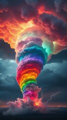 A surreal digital painting of a rainbow tornado made of glowing, fluffy clouds in vivid colors twisting into a dark stormy sky, with lightning on the horizon and a dramatic, cinematic fantasy atmosphe