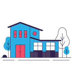 Modern blue two story house with red doors and windows