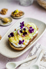 bruschetta with cottage cheese, pear, walnut and honey