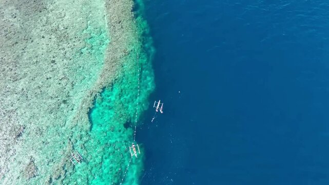 Aerial drone footage of Balicasag Marine Sanctuary, Bohol with turquoise reef-fringed island, diving boats, turtles, and dramatic underwater topography&mdash;perfect for travel, marine, adventure, nature