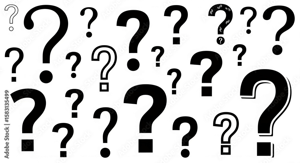 Poster Many black question marks of various sizes and styles on white background, symbolizing inquiry, uncertainty, and the search for answers