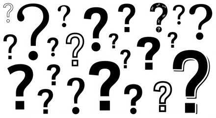 Many black question marks of various sizes and styles on white background, symbolizing inquiry, uncertainty, and the search for answers