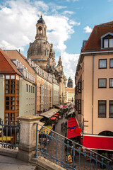 The center of old Dresden. View of the Frauenkirche and the street from Bruehl's Terrace
